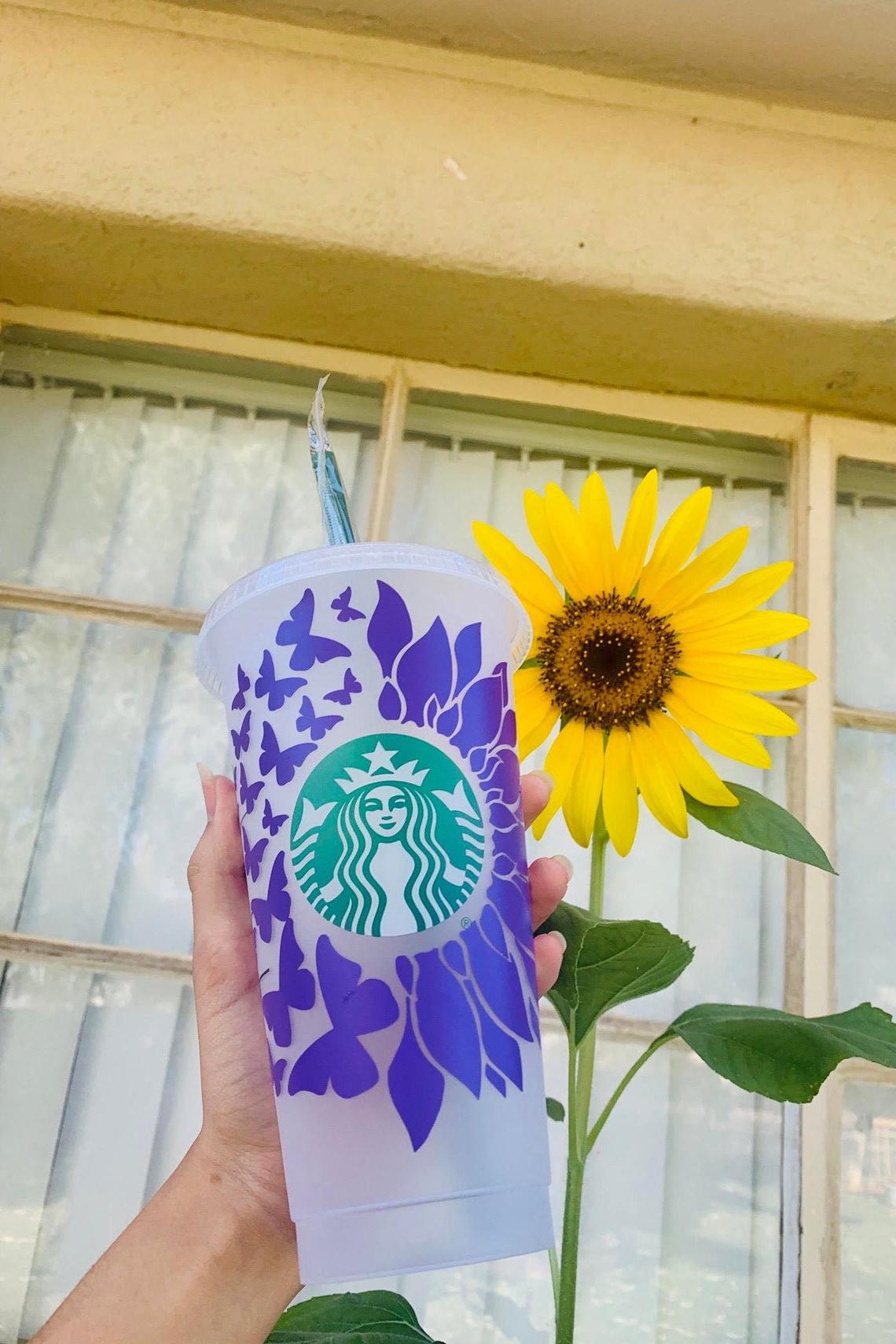 Personalized Sunflower + Butterflies Starbucks Reusable Cup