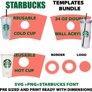 Full Wrap Template Bundle Svg,For starbucks 24 OZ venti cold cup & 16 OZ Grande Hot cup & 24 oz Acrylic Cup dimensions cup
