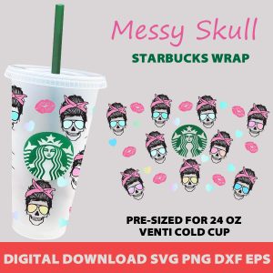 messy skull full wrap starbucks svg,Mom Life Skull full wrap Starbucks svg,hair bun svg,For Starbucks Venti 24 Oz Cold Cup,